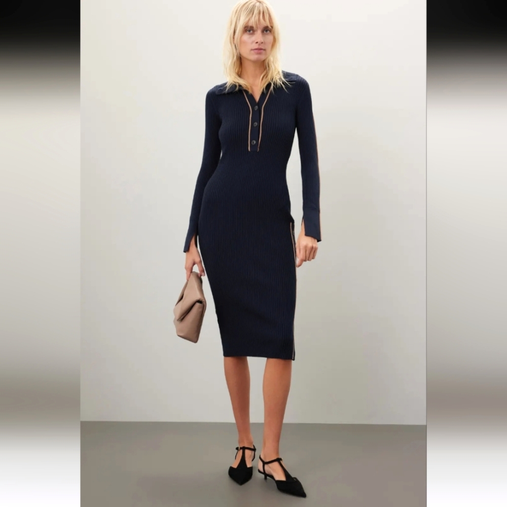 Reiss Michelle Navy Ribbed Polo Sweater Dress Size M
